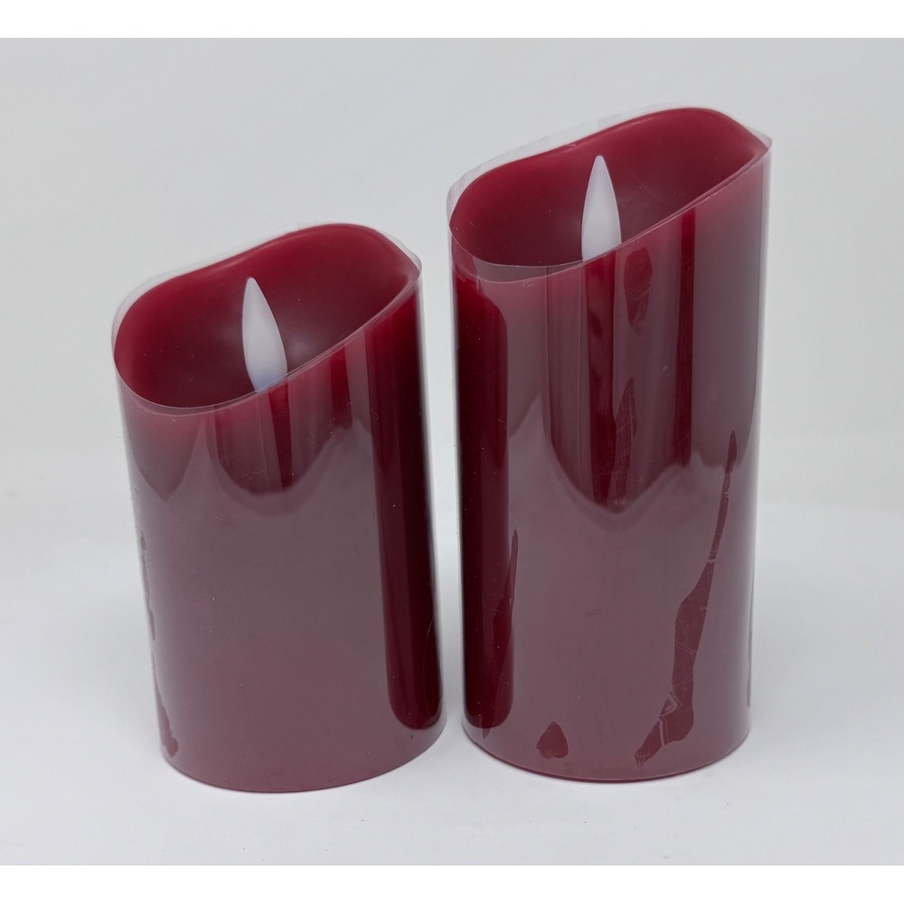 Set of 2 Flameless Flicker LED Pillar Wax Candles with Remote 5" 6" Burgundy Red